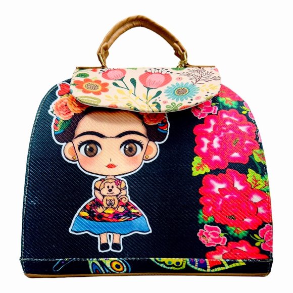 Artisan Crafted Handbags - Artisan Made Frida Kahlo Canvas Faux Leather Tote Backpack From Coyoacan Mexico